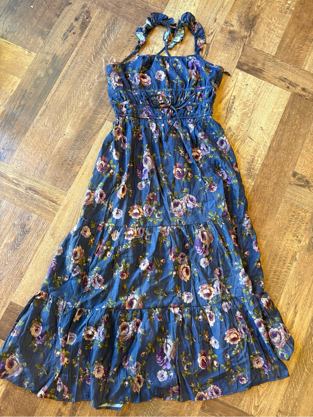 Girls Navy Blue Floral Maxi Dress with Ruffle Straps